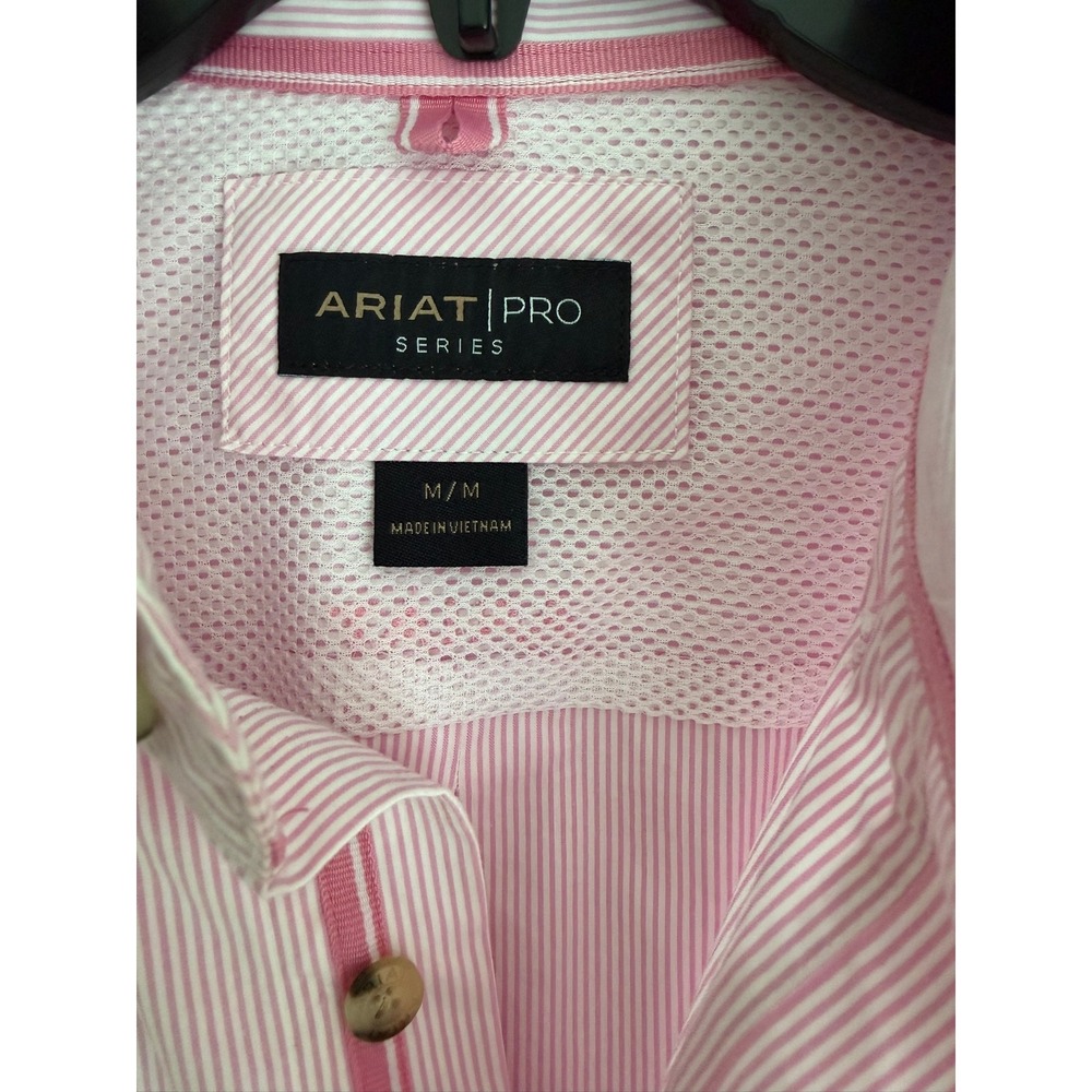 Ariat Shirt Mens Medium Long Sleeve Pro Series Pink White Striped Button Down - Picture 3 of 16